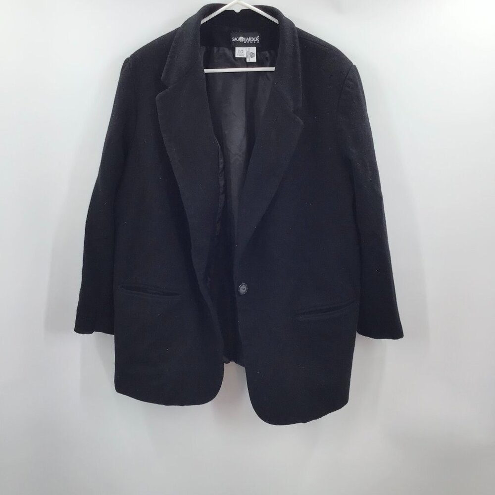 Vintage 22W Pure New Wool Blazer Black 1-Button Fully Lined Classic 1990s Boxy